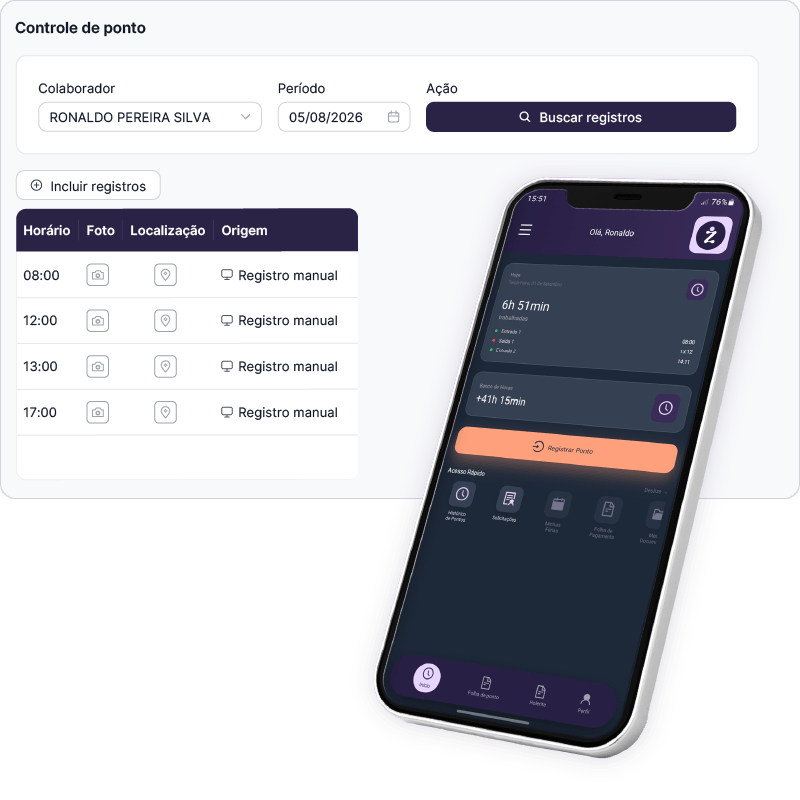 Sistema de controle de ponto da Zorya na visão do DP e no app de ponto eletrônico do colaborador